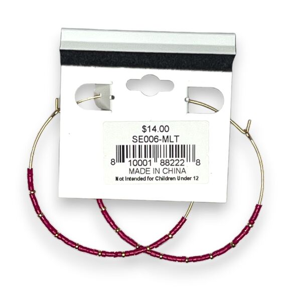 Surf Gypsy Large Red Seed Bead Hoop Earrings 2.75" NWT Gold Tone Boho Statement - Picture 4 of 6